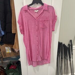 Umgee Pink Collared Button-Front Relaxed Blouse